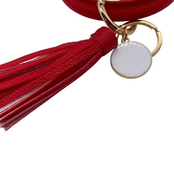 Leather Tassel Bangle Keychain Red With Gold Tone Charms & Rings Wrislet - Picture 4 of 4